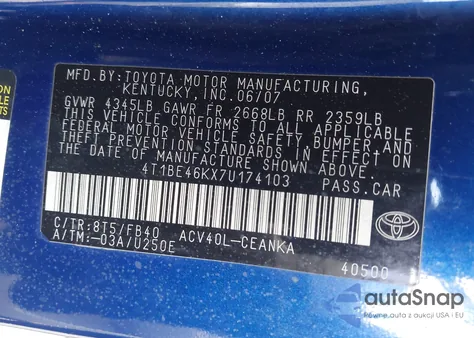 2007 Toyota Camry Ce из США, поврежденный, VIN 4T1BE46KX7U174103